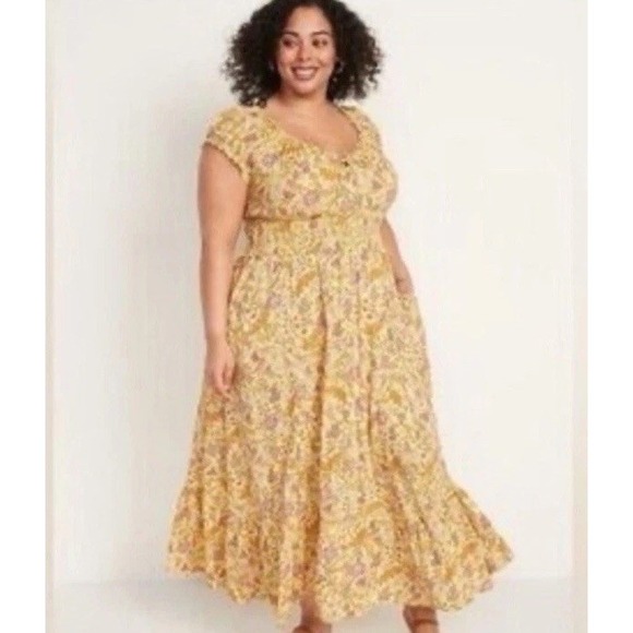 Old Navy Dress XL Milkmaid Baby Doll Maxi Yellow Floral Cottagecore Boho Peasant - Picture 2 of 10